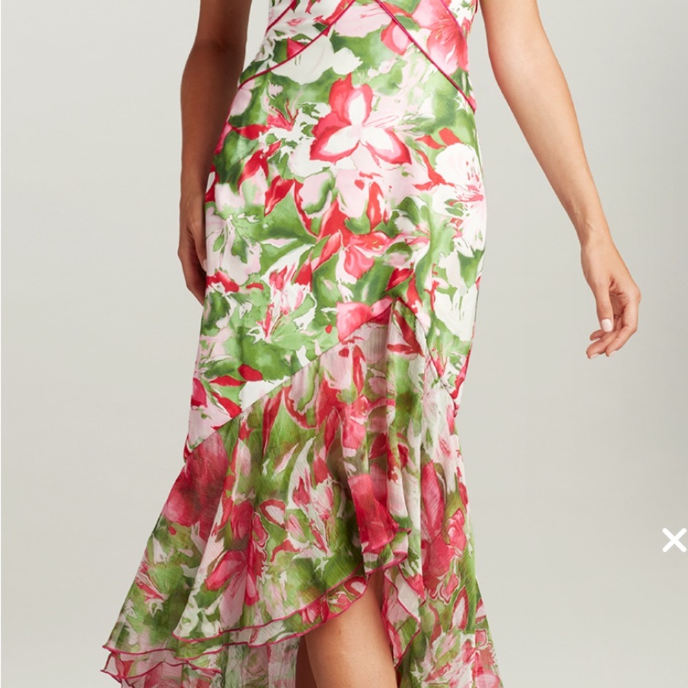 TADASHI SHOJI Size XXS Annie High Low Pink Floral Print Ruffle
Hem Dress